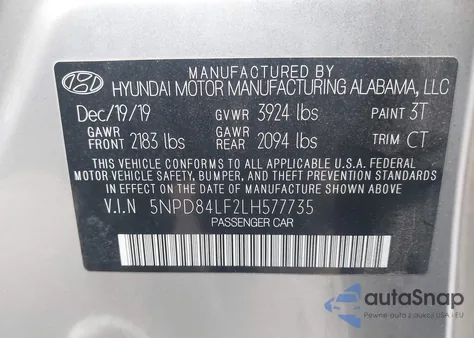 2020 Hyundai Elantra Sel z USA, uszkodzony, nr VIN 5NPD84LF2LH577735
